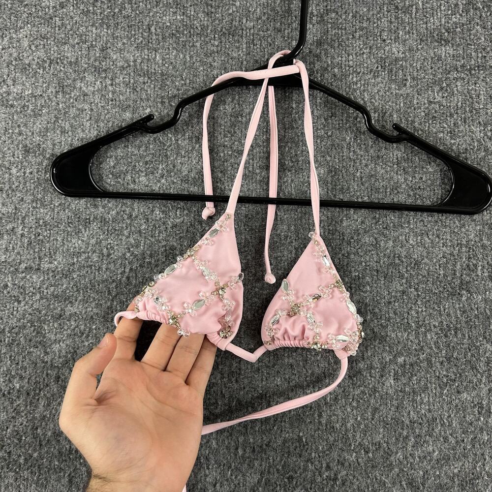 Oceanus Bikini Set XS Pink Embellished Triangle Top Bottom Rhinestone Beach Pool - Picture 2 of 12